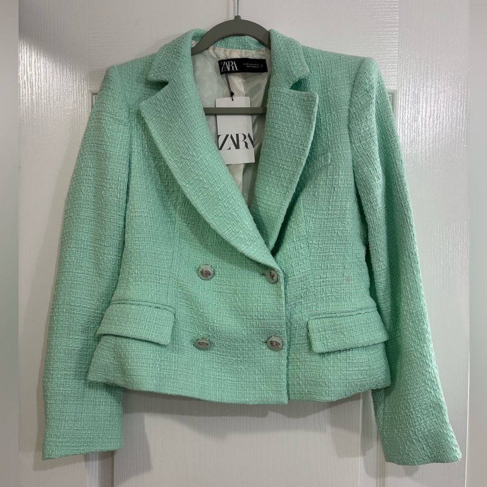 Zara Mint Green Textured Blazer, Jacket, Crop, Medium, NWT - Picture 2 of 6